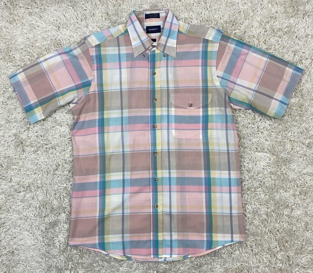 Vintage Gant Foxhunt Plaid Shirt Mens M Short Sleeve Pastel 80s 90s Cotton
